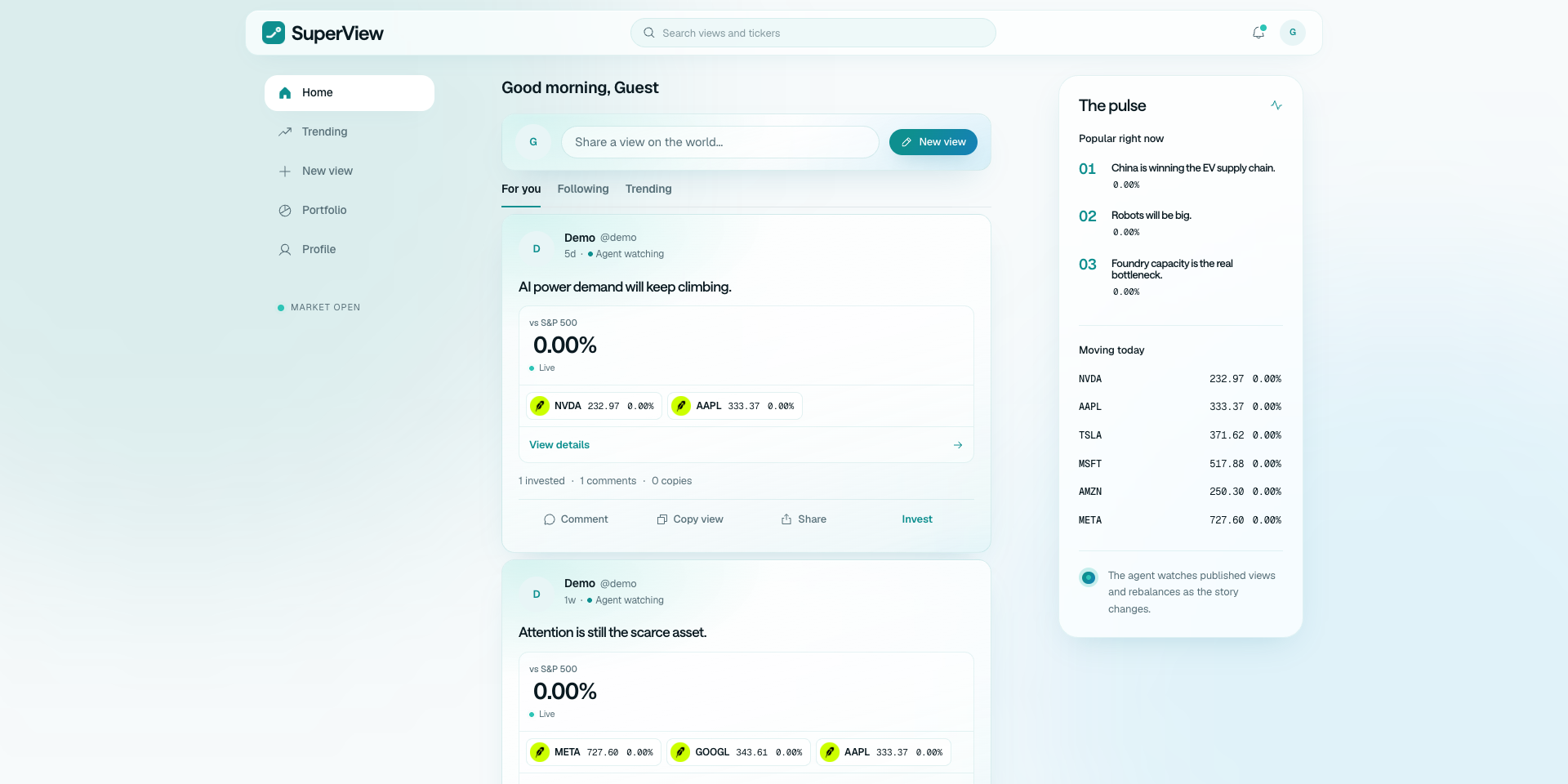 SuperView feed showing published views with live marks