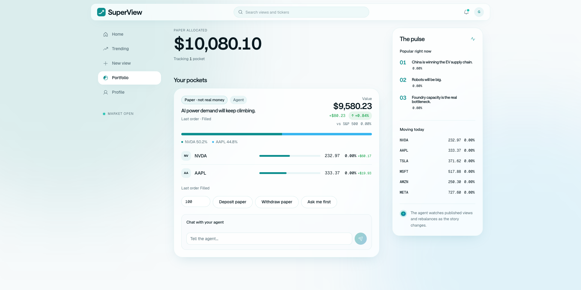 SuperView paper portfolio with live marks and holdings